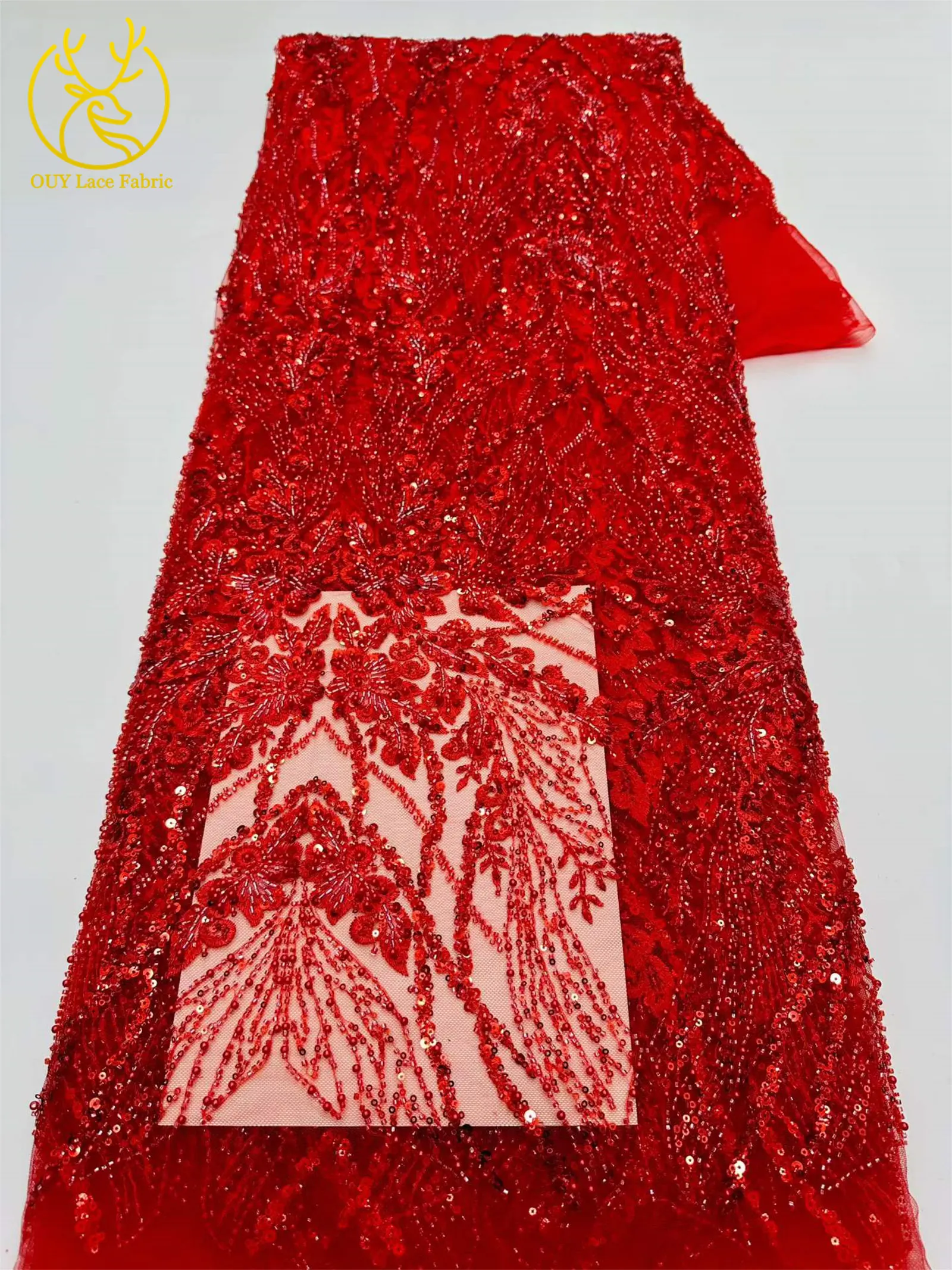 Hochwertiger roter afrikanischer handgefertigter bestickter Perlen-Spitzenstoff 2026 Nigerianische Pailletten-Spitze für Damen Hochzeit Nähen 5 Yards – Detail 16