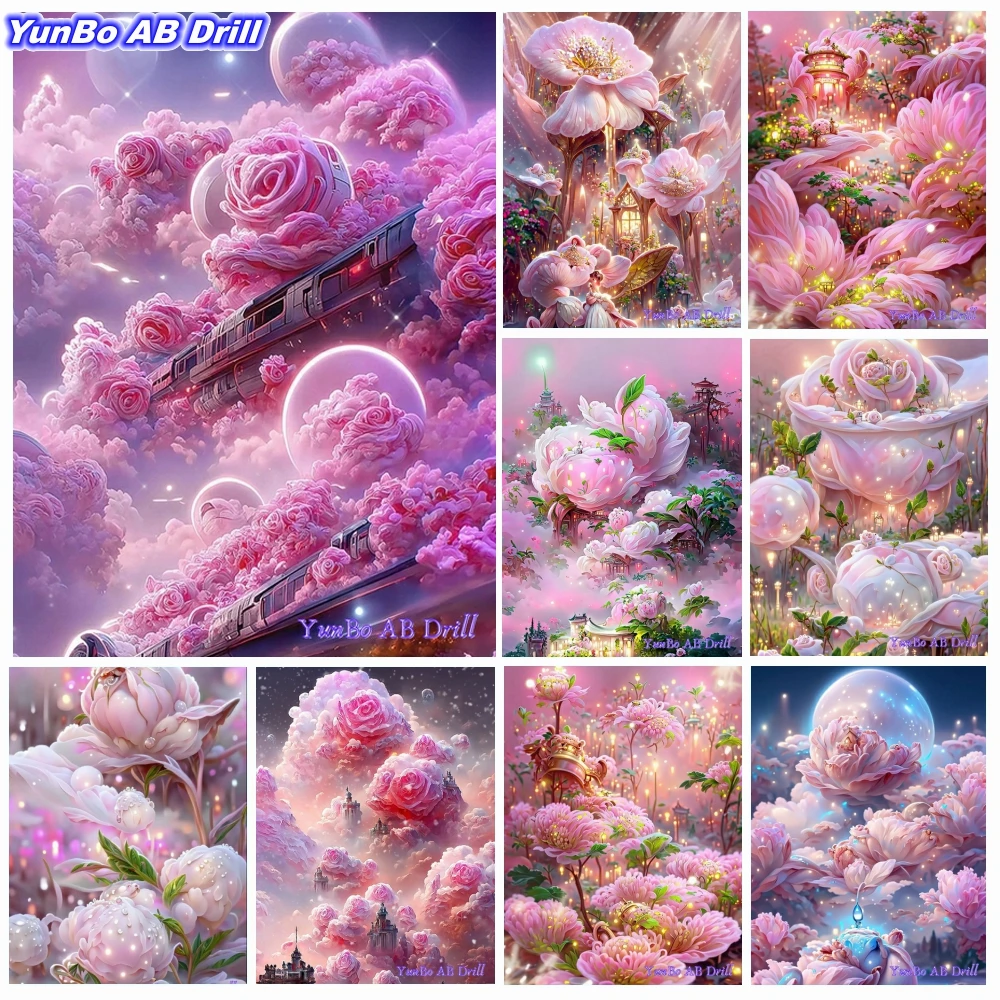 Fantasy Landscape Pink Kapok Picture AB Drill Diamond Painting Sweet Castle and Flower Cross Stitch Mosaic Home Decor Art Gift