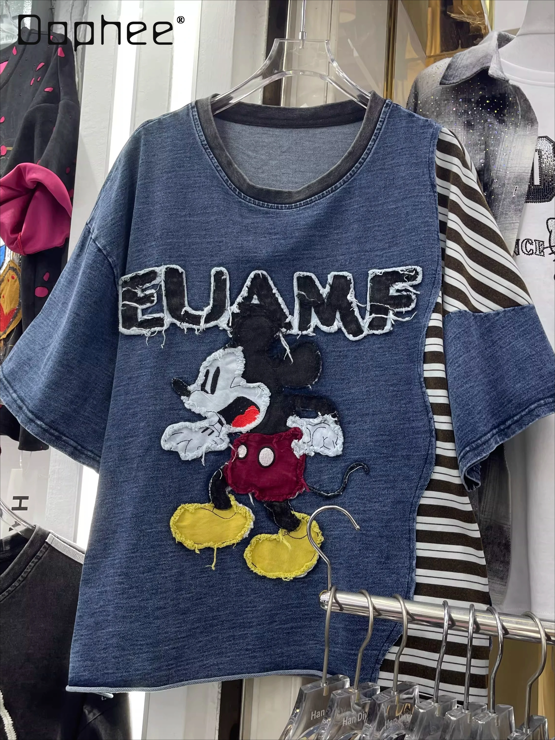 

2026 Spring and Summer New Heavy Industry Contrasting Color Splicing Short-sleeved T-shirt Women's Loose Design Cartoon Top