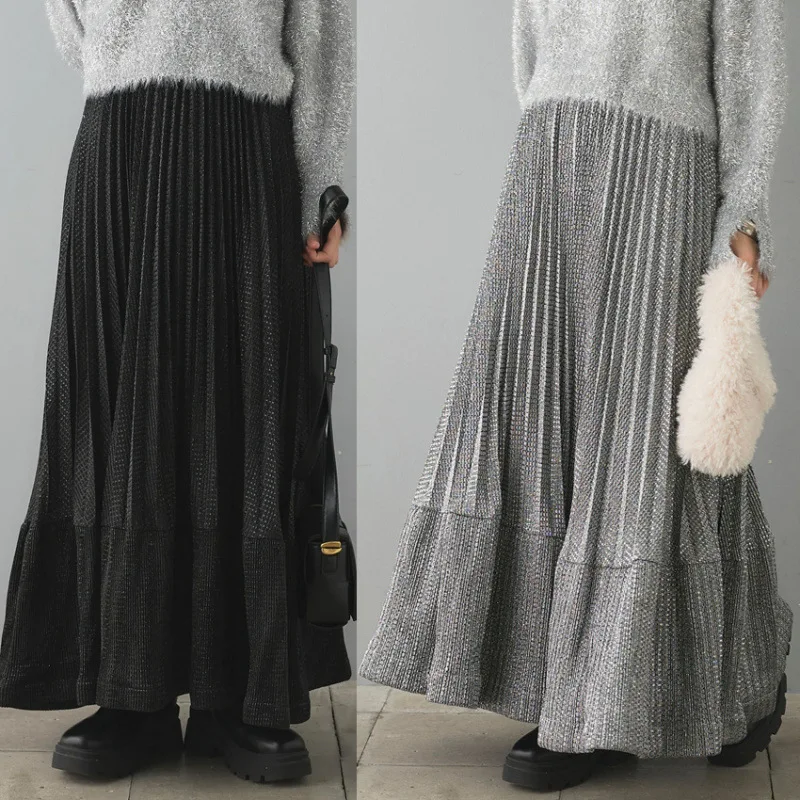 

High-End Metal Texture Elastic Waist Pleated Hem Ankle-Length f Skirt Women's Faion Print Pure Color Leather Fabric