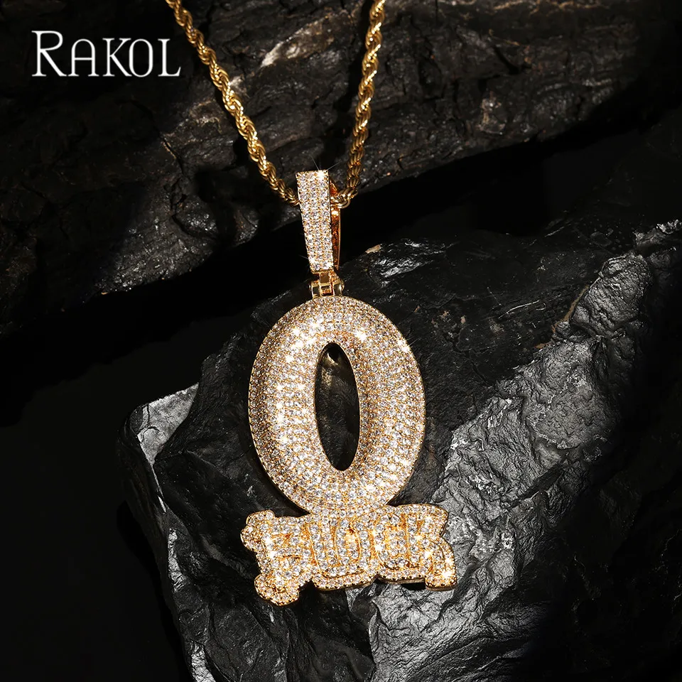 

RAKOL Punk Letter Iced Out Cubic Zirconia O Block Pendant Necklaces For Men Gold Plated Silver Twist Chain Hip Hop Jewelry