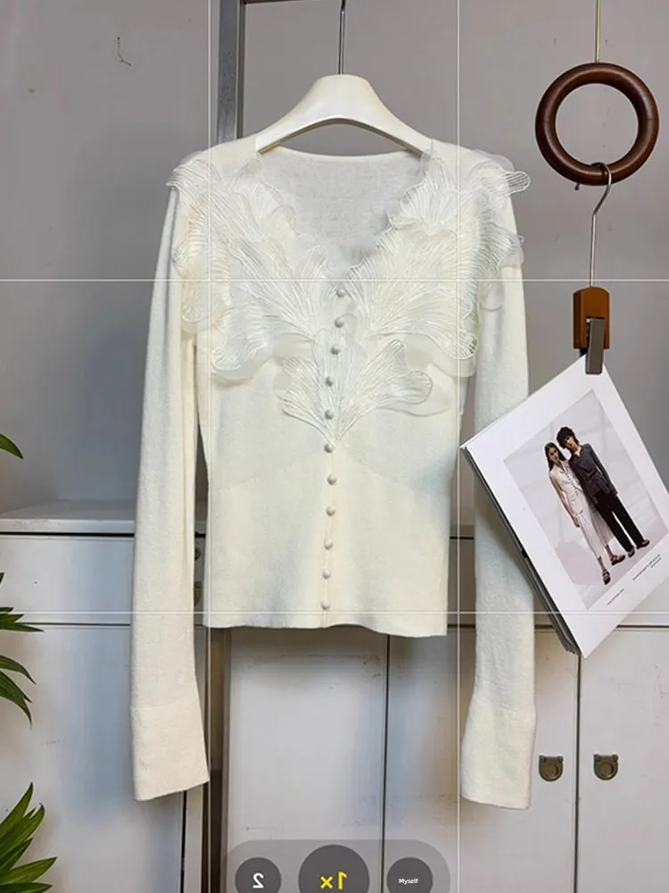 

Удобный женский вязаный свитер с длинными рукавами и кружевным дизайном, модный пуловер с V-образным вырезом, осенняя коллекция