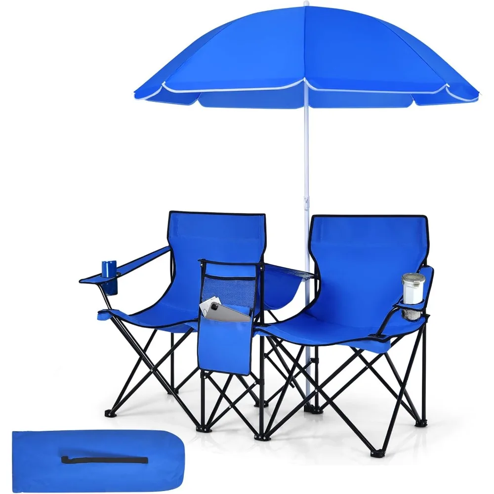 

Double Camping Chairs with Umbrella, Portable 2 Seat Folding Camp Chair with Cooler Bag, Beverage Holder, Carrying Bag, Foldabl
