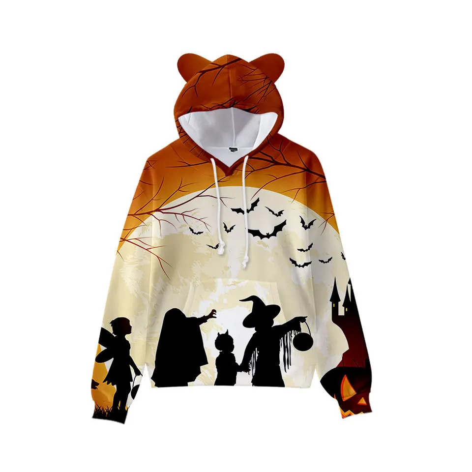 2021 Trend New Halloween 3D Color Printing Cat Ears Hooded Children's Outfit Support Pattern