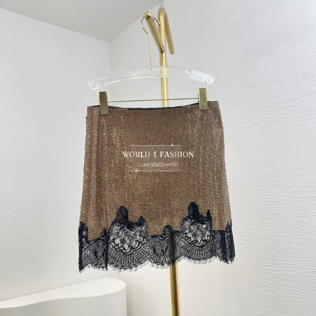 

2025 Woman Clothing Brown Diamonds Pressed Lace Patchwork Mini Skirt