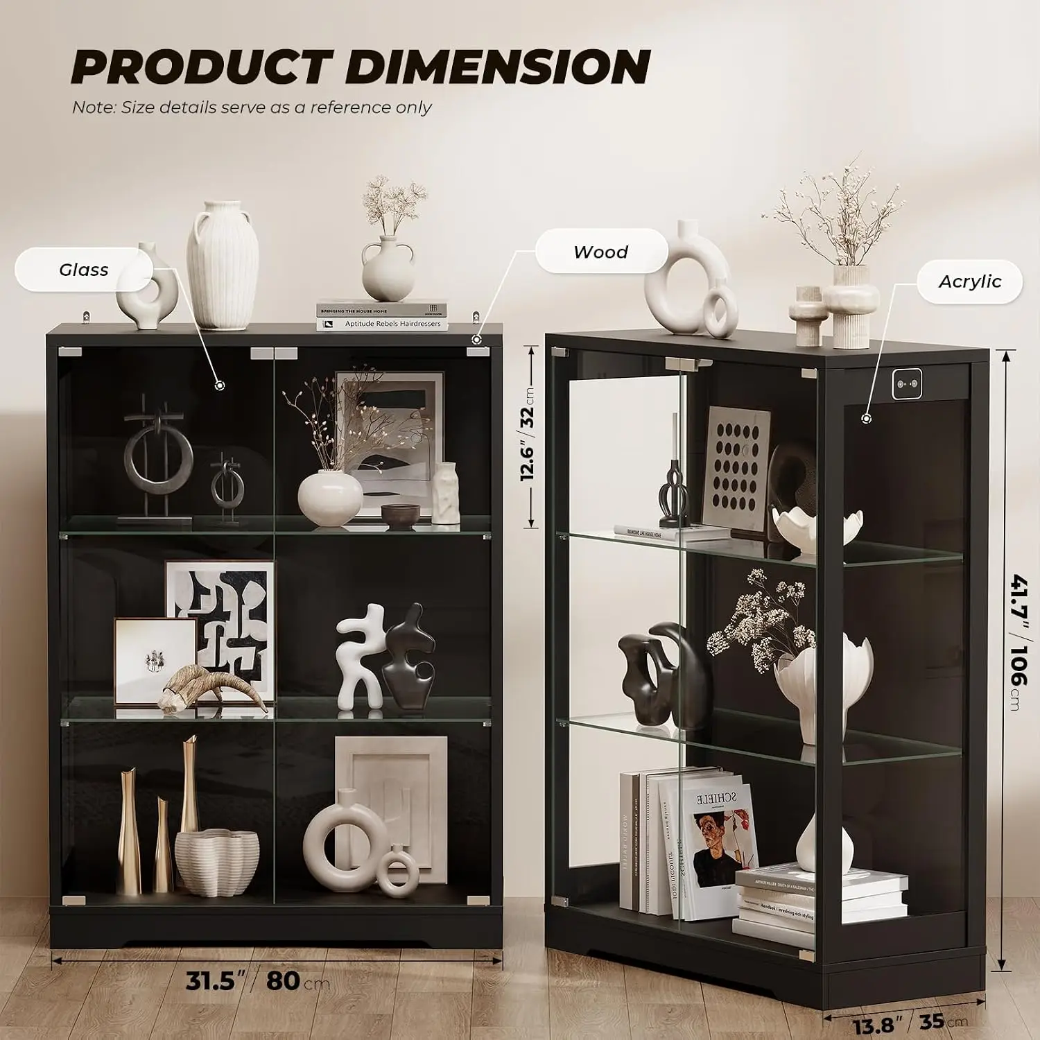 417 Inch Black Display Cabinet Glass Doors 3 Color LED Lights Adjustable Glass Shelves Motion Sensor 3 Tier Curio Collectibles L