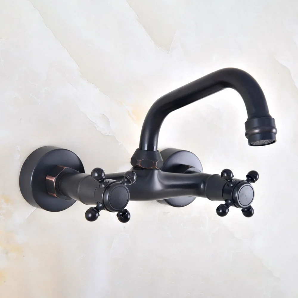 

Черный латунный настенный смеситель для раковины с поворотным носиком на 360 градусов смеситель для раковины в ванной комнате двойная ручка для горячей и холодной воды смеситель Knf811