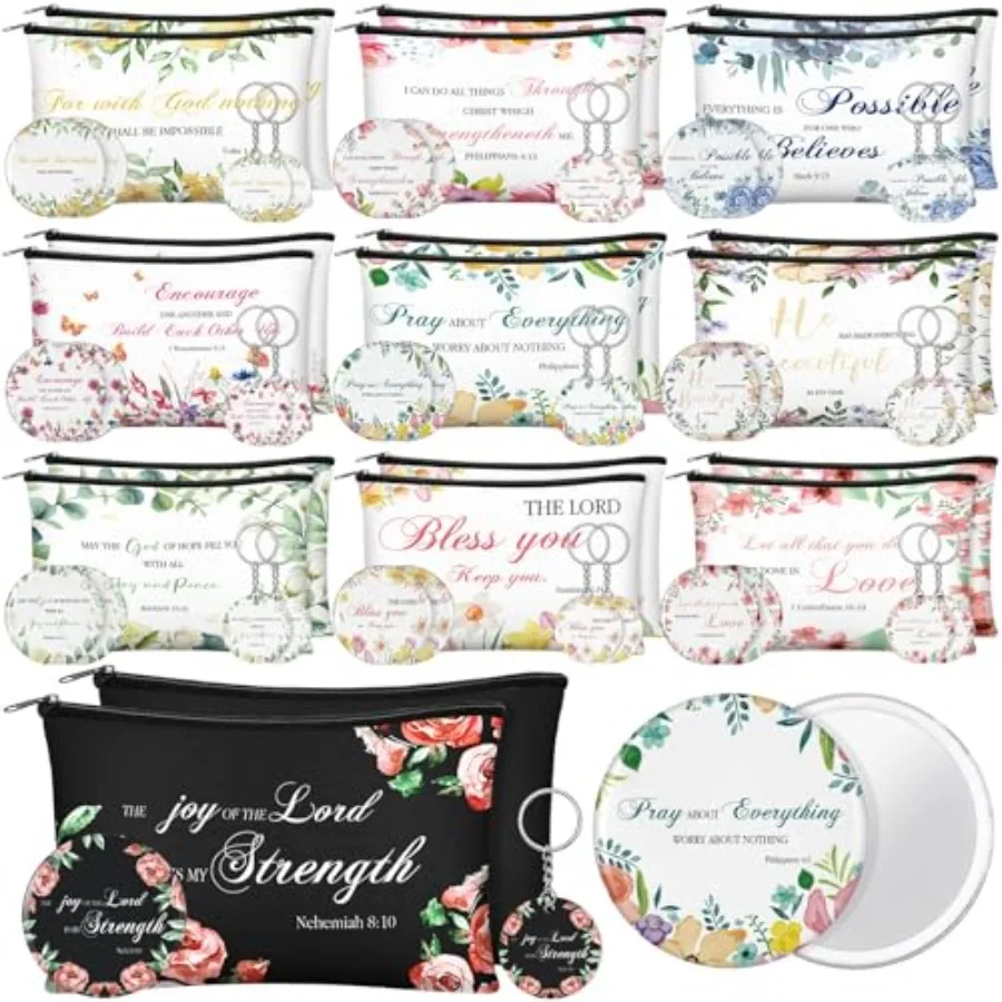 

60 Pcs Christian Gifts for Women Religious Gifts Include 20 Canvas Makeup Bags 20 Bible Verse Mini Mirror 20 Inspirational Bibl