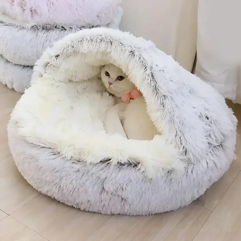 Plush Round Cat Bed Pet Mattress Warm Soft Comfortable Basket Cat Dog 2 in 1 Sleeping Bag Nest for Small Cat Puppy