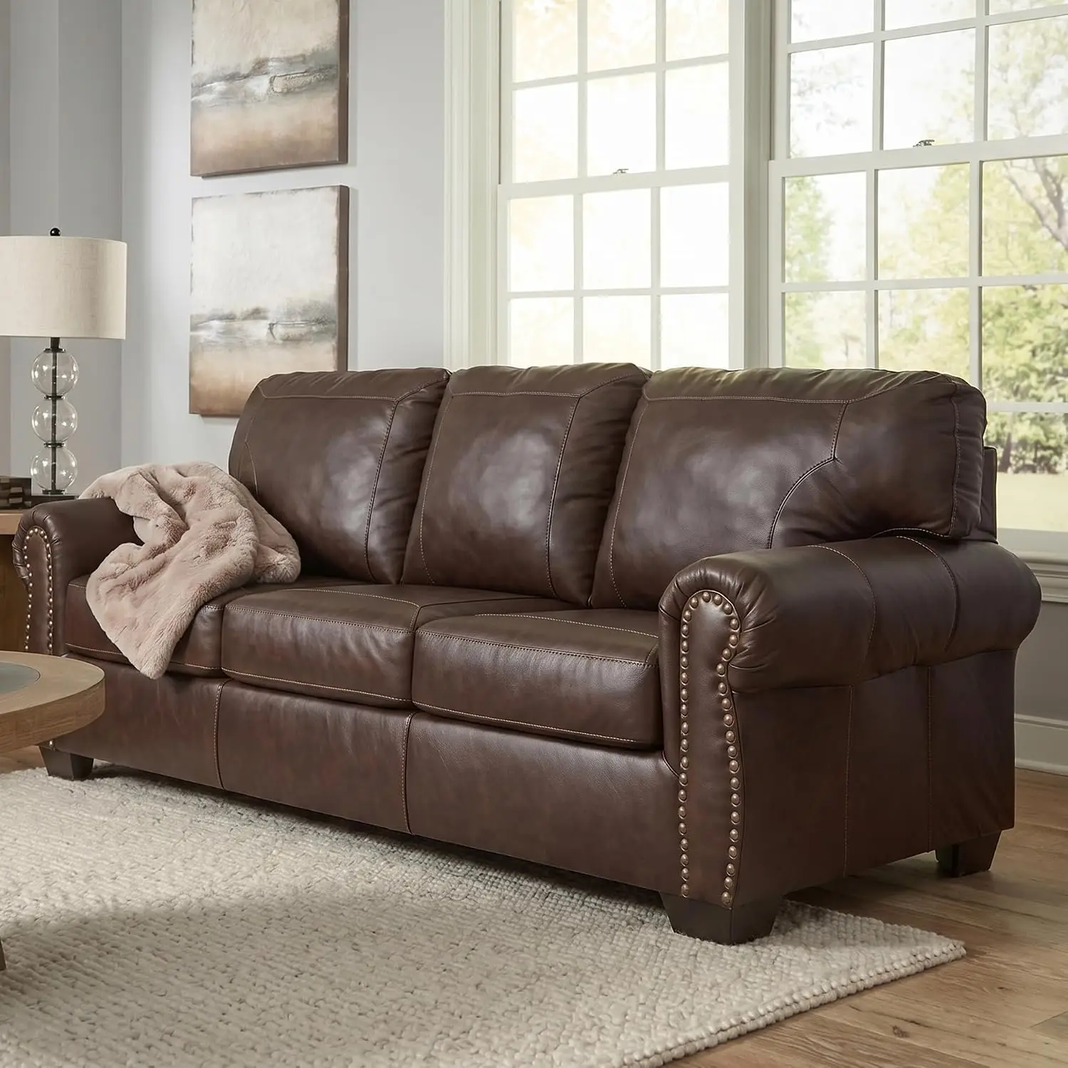 92-in Classic Leather Sofa Couch, Dark Brown, Customized