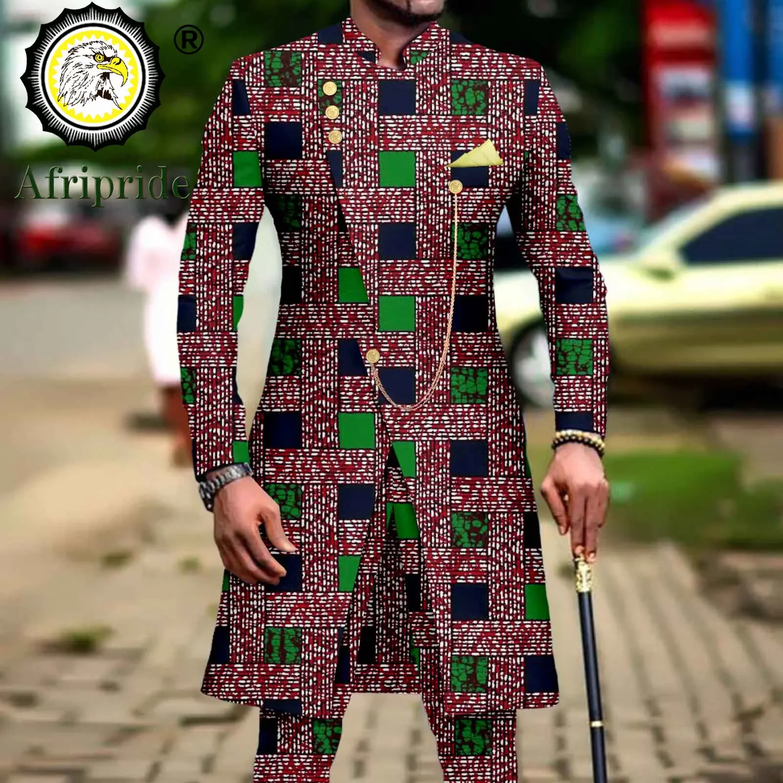 African Suits for Men Dashiki Embroidery Jackets and Print Pants 2 Piece with Kerchief Clothes Groom Wedding A2216037