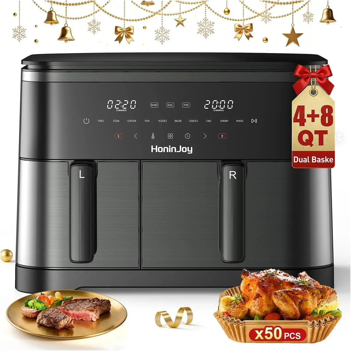 Dual Air Fryer 12QT Total Capacity, Two Independent Baskets (4QT + 8QT), Includes 50 Disposable Paper Liners