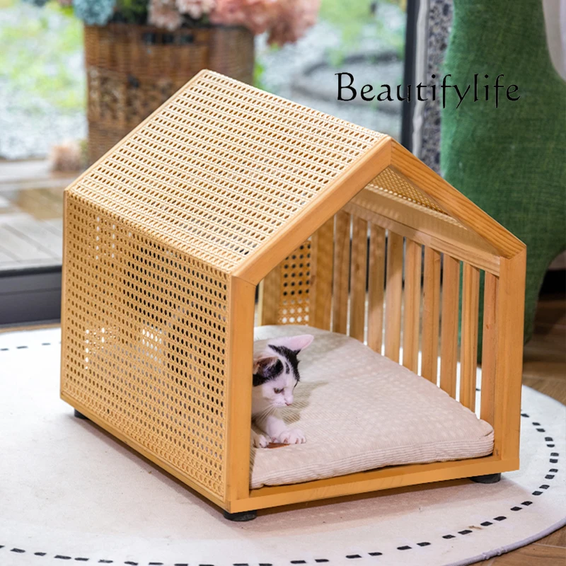 Summer Handmade Rattan Nest Cat Villa House Breathable Cat House Cat and Dog Universal Kennel Safe Nest