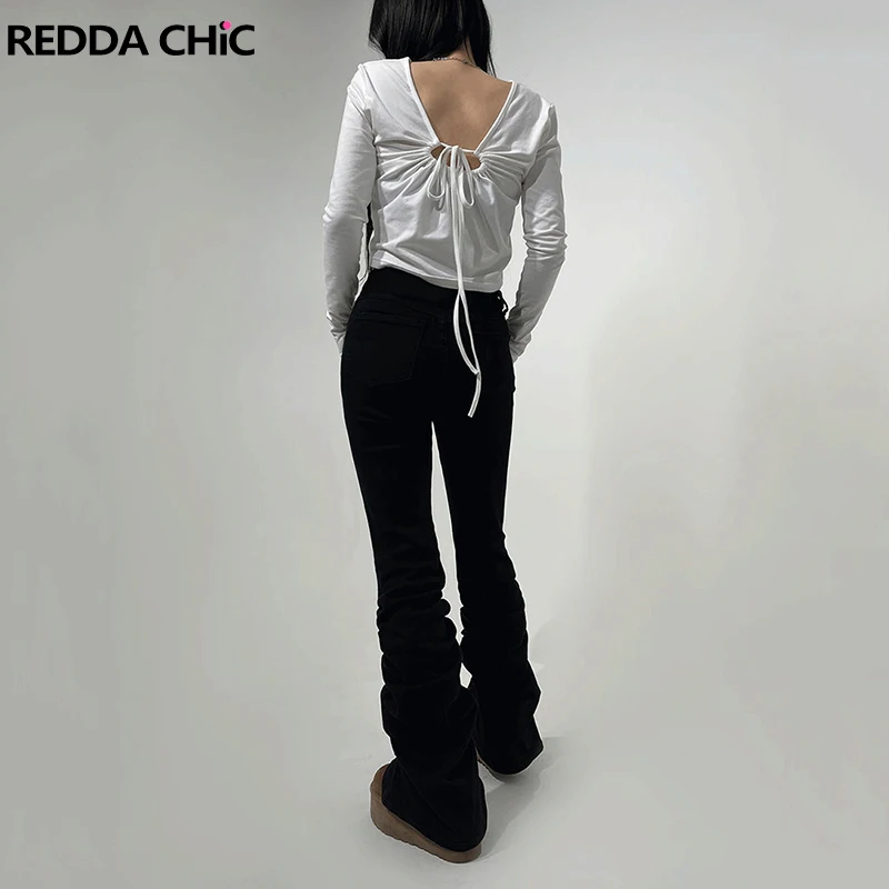 

ReddaChic Black Stacked Y2k Women's Flare Jeans Harajuku Grayu High Waist Stretch Ruched Bootcut Pants Causal Retro Y2k Trousers