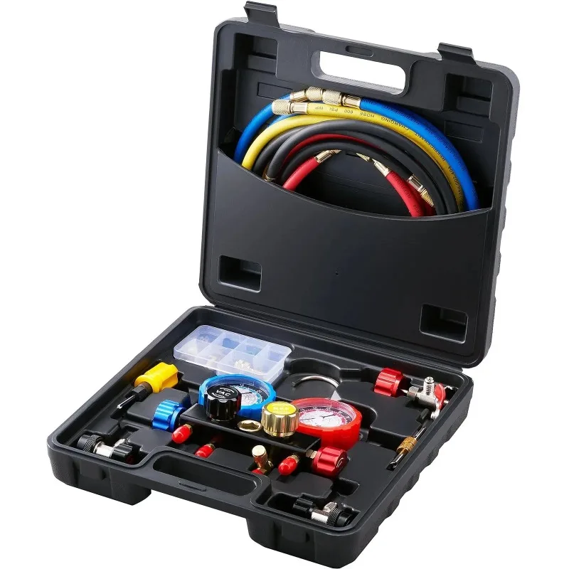 Profession 4 Way AC Gauge-AC Manifold Gauge Set with 5ft Hoses for R134A/R22/R12/R410A Work on Car Freon Charging and Evacuation