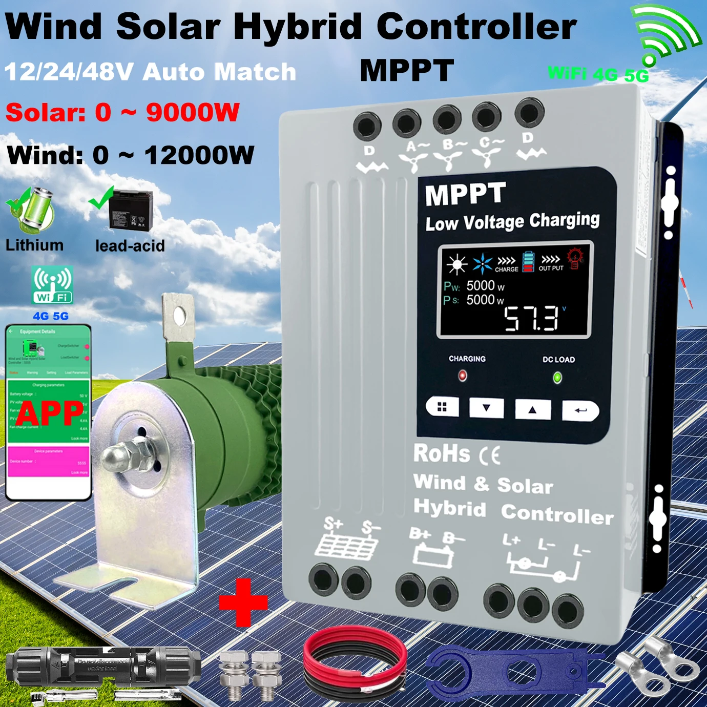5000W MPPT Wind Solar Hybrid Charge Controller 12 24 48V 80A 120A LCD Display Wifi Monitor For Lifepo4 Lithium Lead Acid Battery