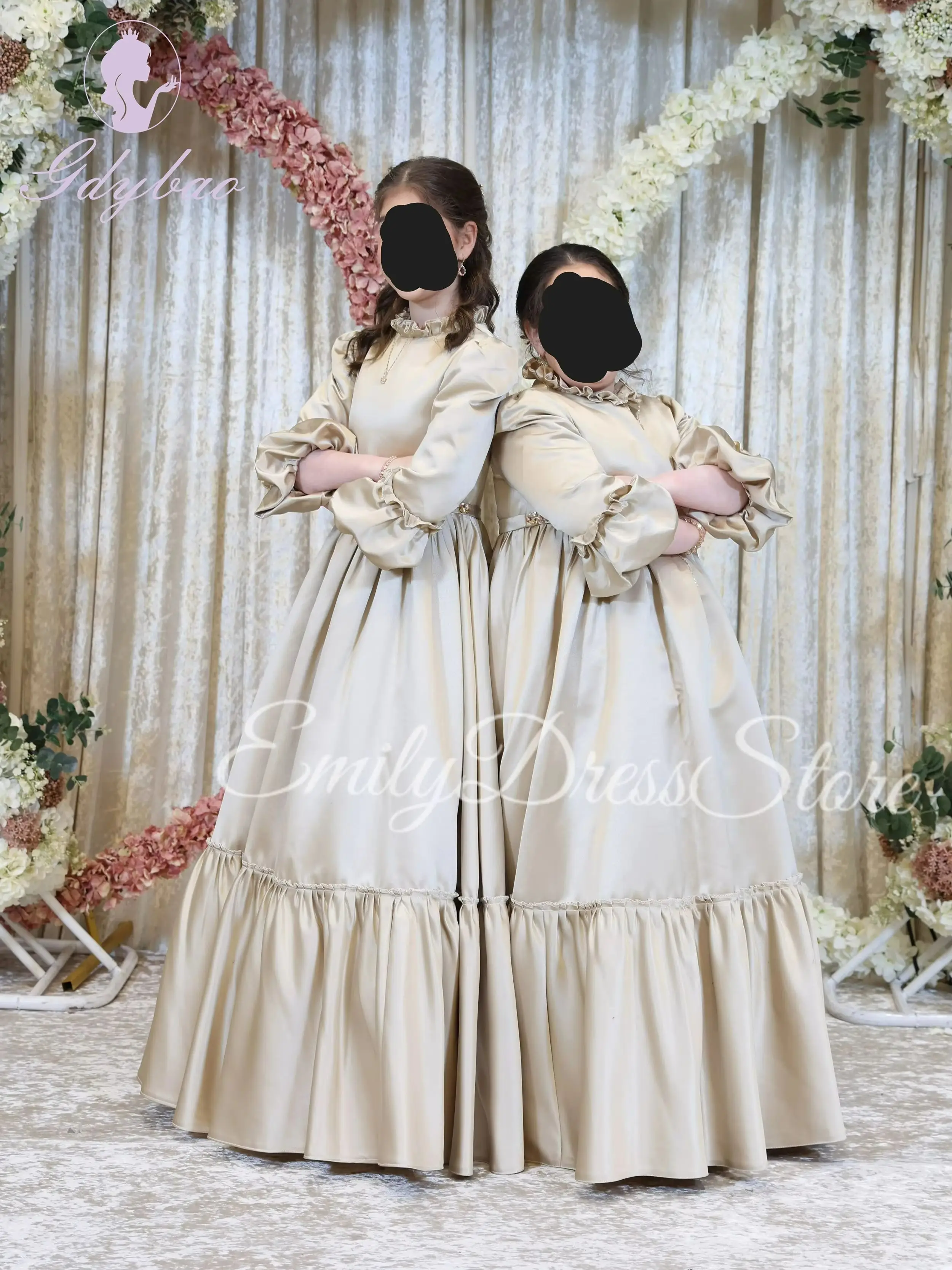 Customized Champagne Flower Girl Dress For Wedding Modest Puffy Satin 3/4 Sleeves Elegant Kids Birthday First Communion Gown