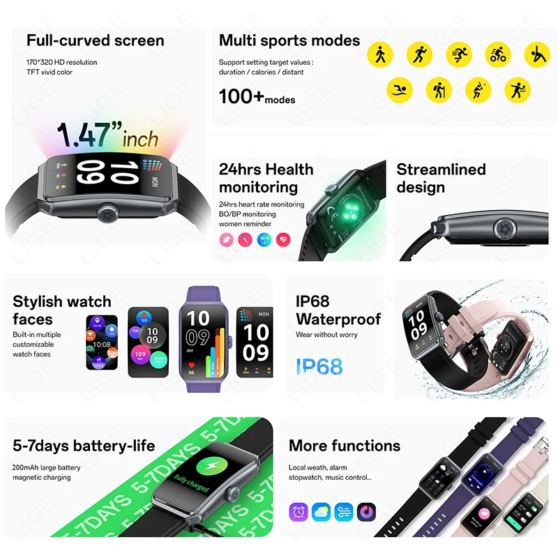 LIGE 1.47 "Jam Tangan Pintar Silikon Tahan Air Bluetooth Panggilan Pesan Pengingat Pemantauan Tidur Gelang Pintar Pedometer Gelang Olahraga