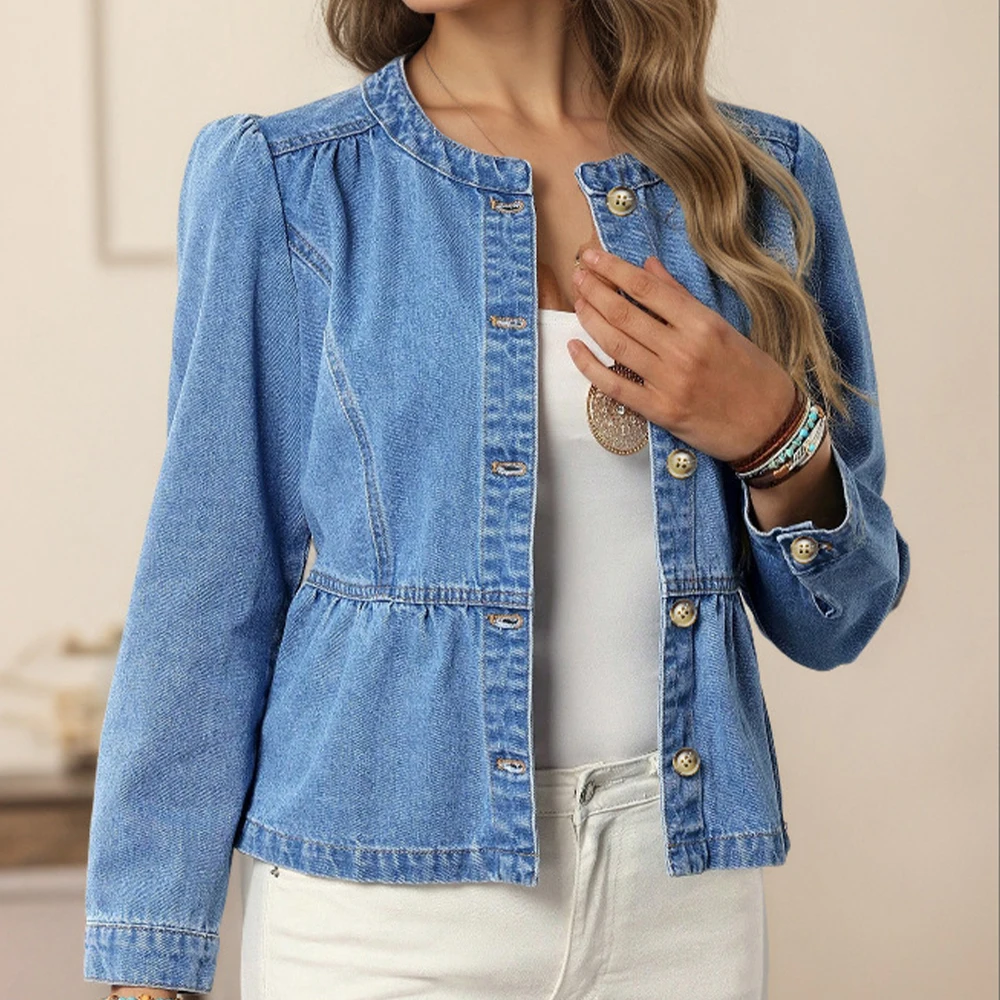 خريف جديد لون نقي الدنيم قميص المرأة عادية تنوعا العلوي جولة الرقبة فقاعة كم أعلى أزياء الإناث ملابس خارجية #4