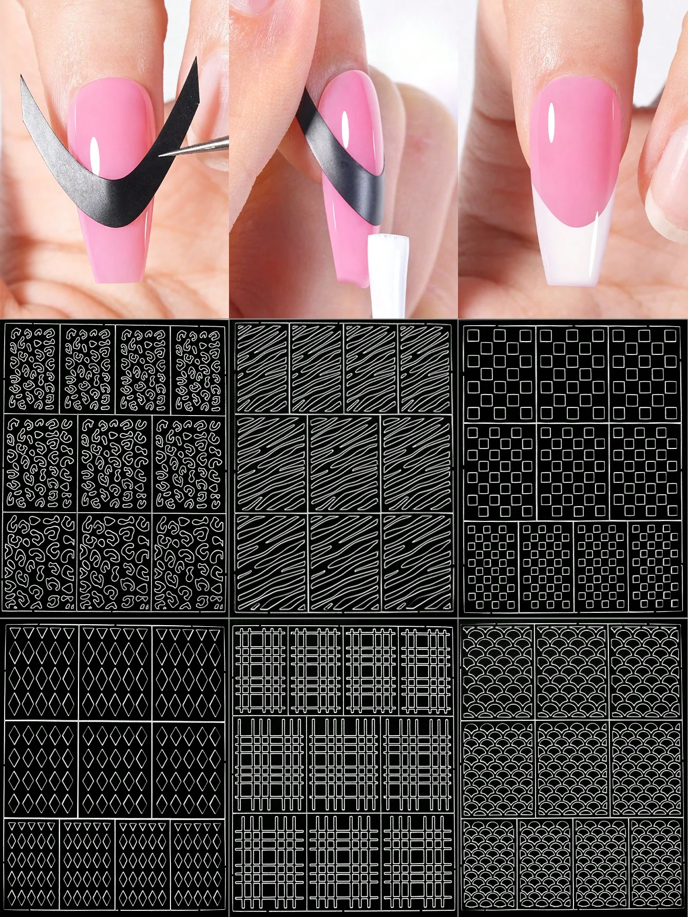 1pc 6 Style Hollow out Grid Stripe Nail Art Stickers, Simple Design Self-Adhesive Nail Tips Nail Art Decoration Stencil Tools, P