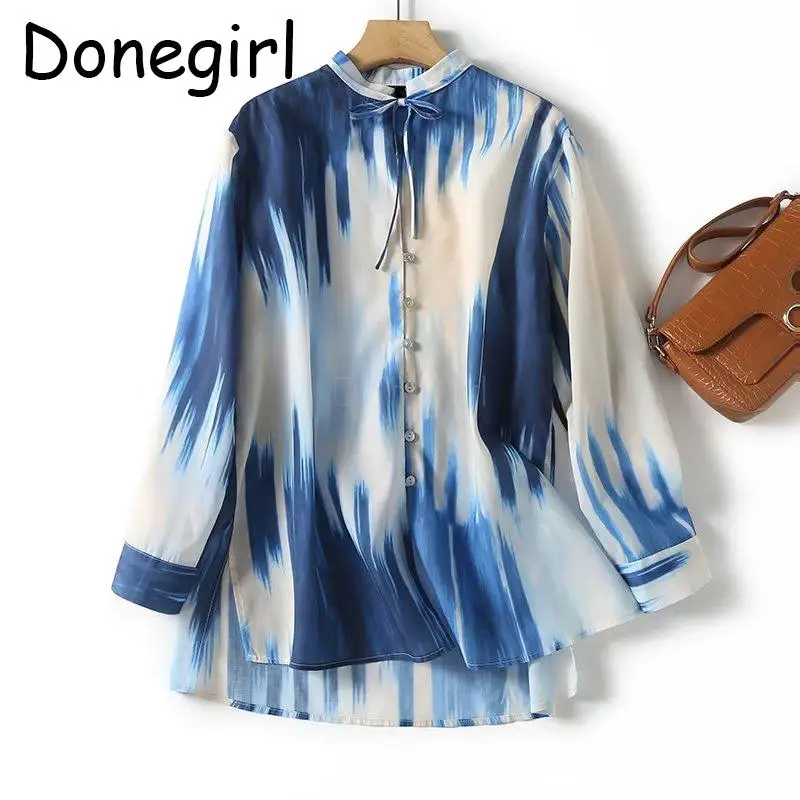 

Donegirl 2023 Fashion New Women Autumn Blue White Gradient Shirt Split Loose Simple Casual Versatile Blouses Female Tops Chic