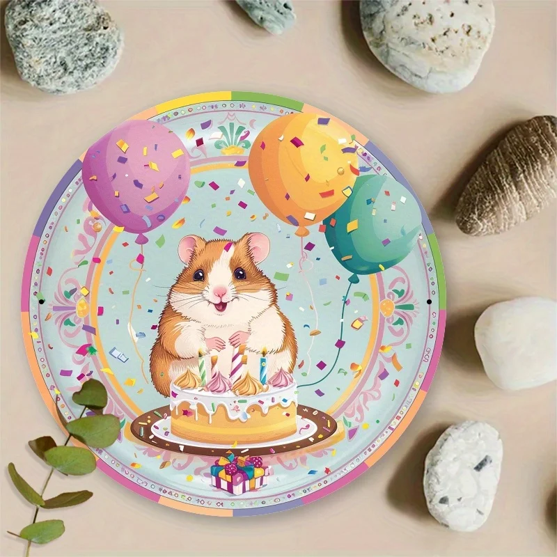 Cute Hamster Birthday Cake Balloon Pattern 2D Round Tin Sign, Colorful Pet Animal Metal Plaque, Kids Room Nursery Wall Hanging D