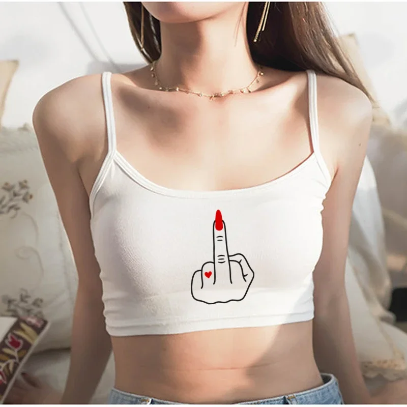 Girl Power Finger Rude Finger Funny Crop Top Female Clothes Sexy Elastic Cotton Camis Sleeveless Short Tank for Women Girls Bar