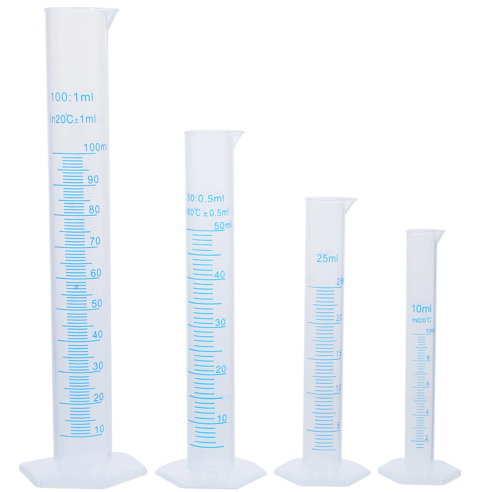 Medição transparente plástico graduado cilindro, plástico Measuri, tubo de ensaio líquido, ferramenta de laboratório, 10ml, 25ml, 50ml, 100ml, 4pcs