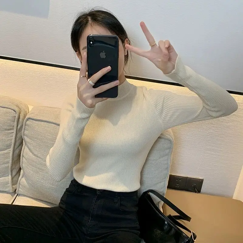 16 الصلبة الألوان المرأة محبوك كم طويل تي شيرت الياقة المدورة عادية الخريف الشتاء الأساسية اليومية القمم نحيل سليم محبوك