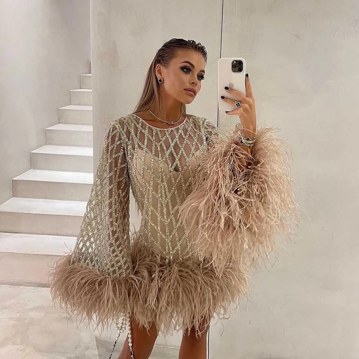 Trendy Khaki Feathers Short Prom Dresses with Lining Shining Grid Lace Women Evening Party Dresses Feather Sleeves Formal Gowns