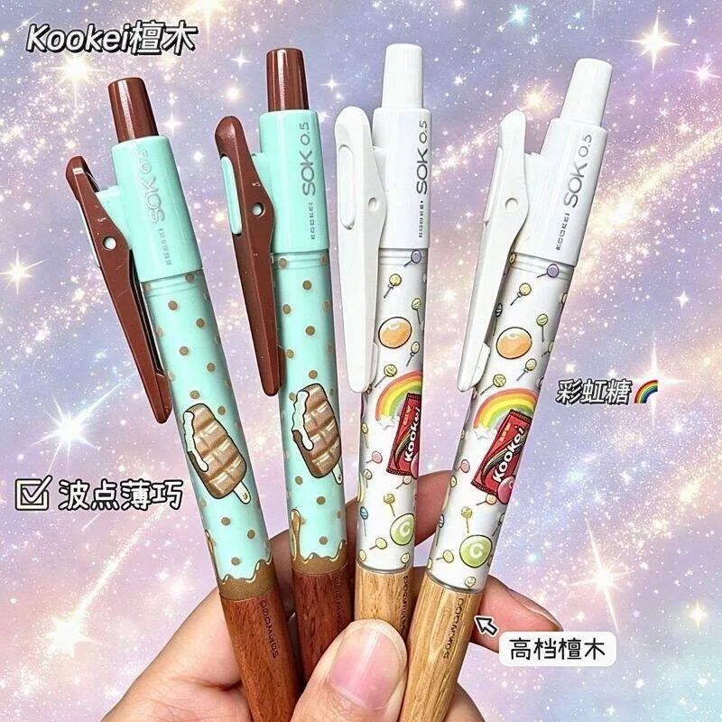 

KOOKEI Retro Natural Wood Gel Pen 0.5 Rainbow Bead Limited CS Nib Black Water-based Pens Cute School Office Signature Stationery
