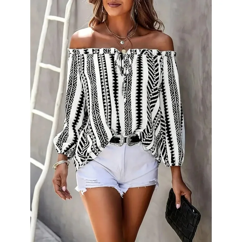 Plus Size 1XL-5XL Women Long Sleeve Sexy Slash Neck Blouse Casual Lacing Up Printed Tops Elegant Female Backless Loose Shirt