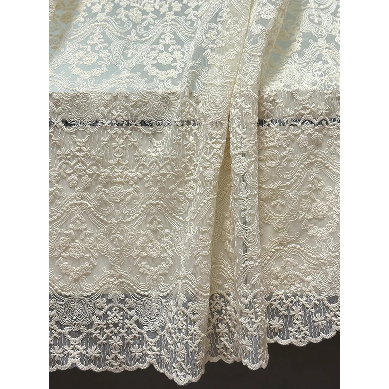Ivory Beige Embroidered Mesh Tulle Lace Fabric With Tiny Daisy Flowers And Stripes for Apparel Sewing Fabric Curtain Decorative