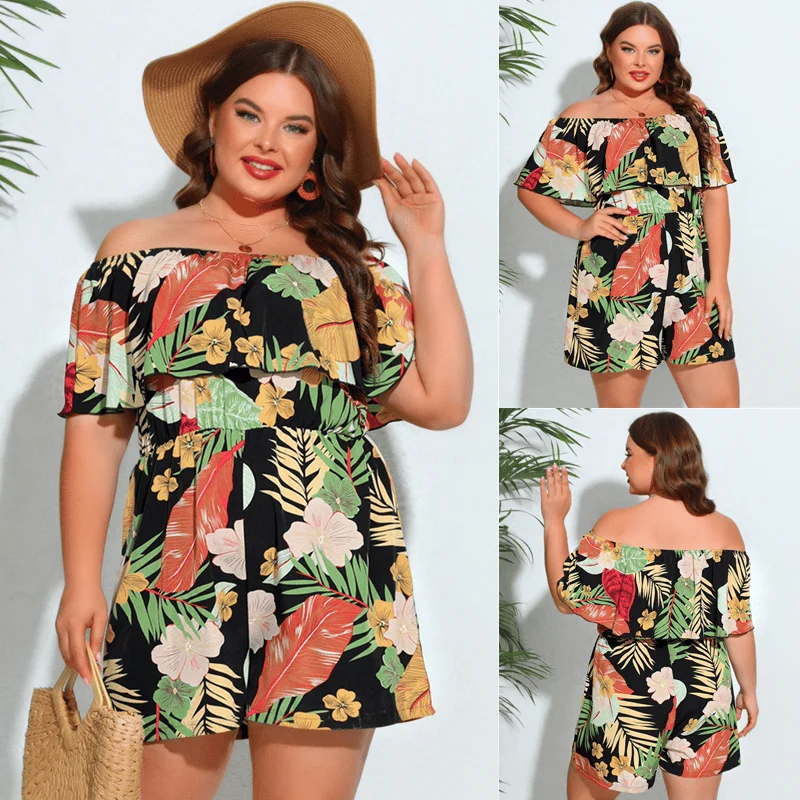 

Summer Women's plus Size Print One oulder Waist Jumpsuit Street Sle Midi Length orts Polyester Fabric Regular Thin