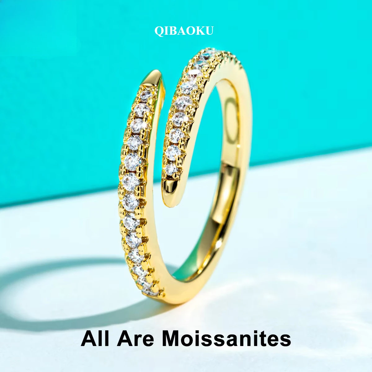 QIBAOKU Moissanite Adjustable Open Band Rings Yellow Gold Plated 1.5mm D Color Moissanite Wedding Ring For Women Jewelry 2026