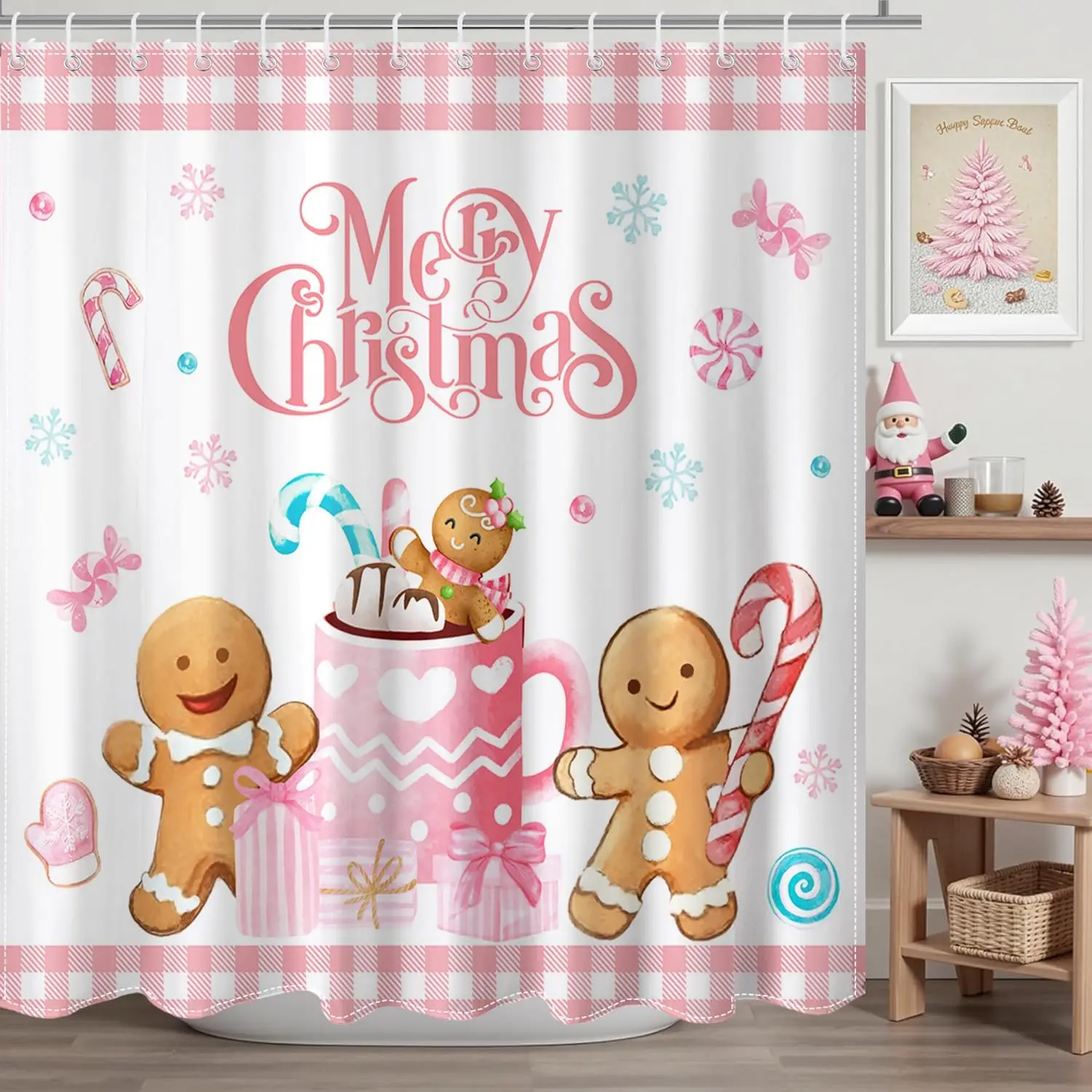 Merry Christmas Shower Curtain Pink Checked Cute Gingerbread-Man Shower Curtain with 12 Hooks Winter Snowflake Xmas Candy Bath