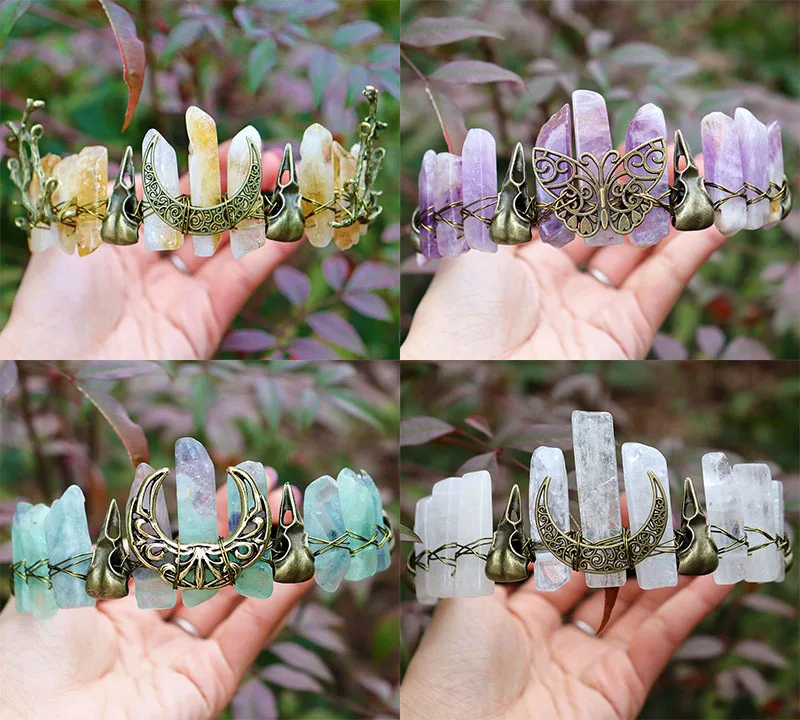 Natural Crystal Vintage Viking Raven Branch Raw Crystal Crown Headband Halloween Tiaras Wizard Hair Accessories Women Gifts