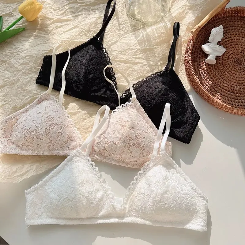Bralette Sexy de encaje sin aros para mujer, ropa interior suave y cómoda para dormir, Tops franceses con escote en V profundo, Bralet de pecho pequeño, lencería íntima