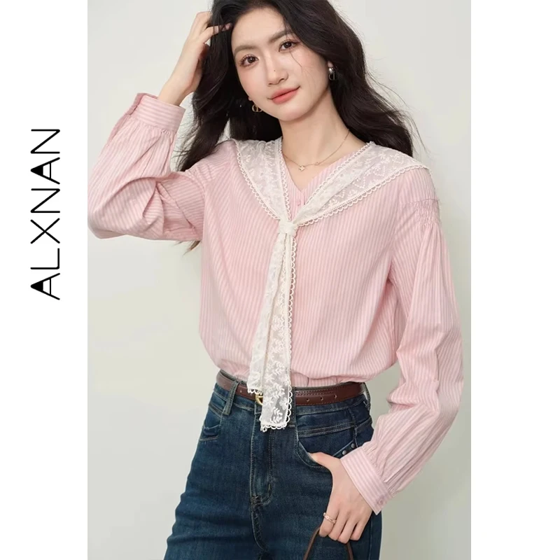 ALXNAN Pink Striped Shirts Detachable Lace Cape V-Neck Button Woman's Blouses Breathable Sweet Elegant Office Female Top L569102