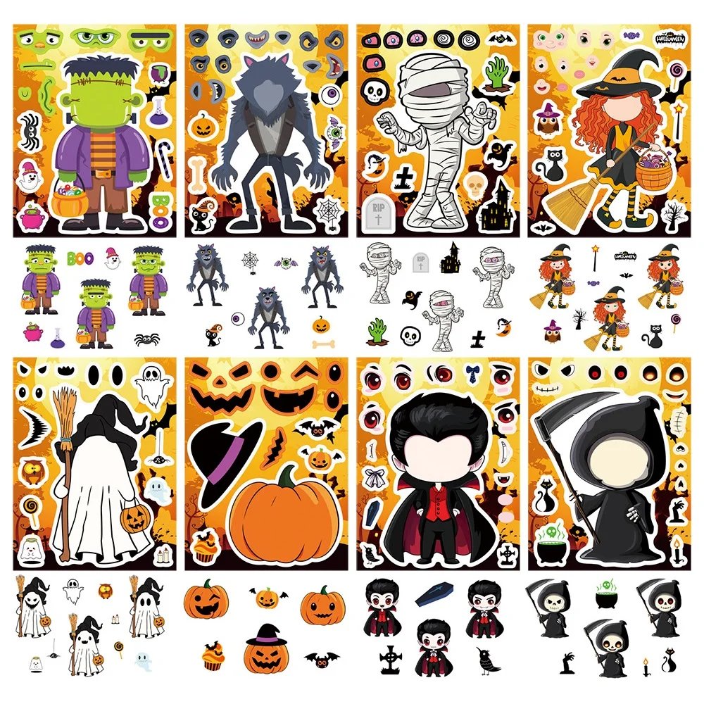 8-Pack Halloween Make a Face Cartoon Graffiti Stickers, Stationery Guitar Notebook Party Favor Decorative Decals Stickers