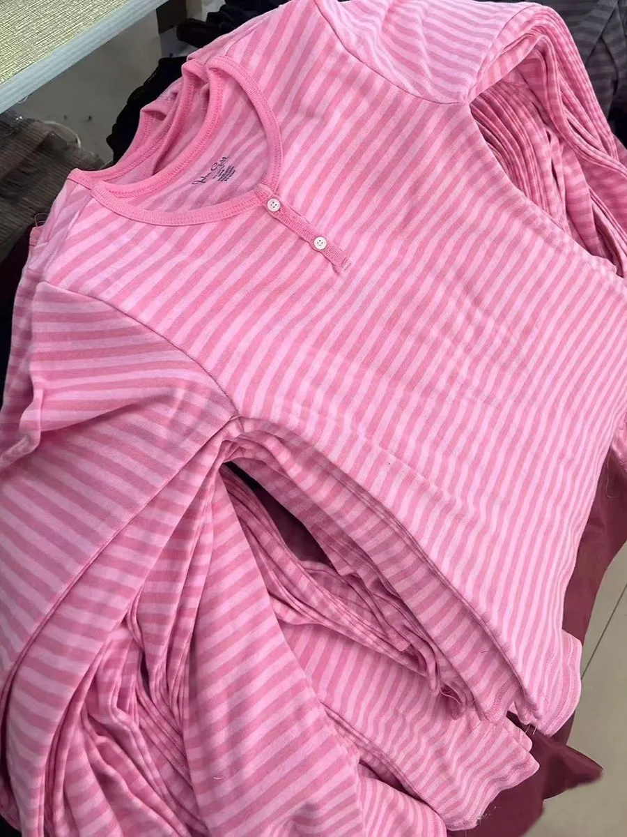 

Розовые полосатые тонкие футболки с длинными рукавами, женские весенние повседневные хлопковые футболки с круглым вырезом, новые топы, одежда, милые милые винтажные футболки Y2K