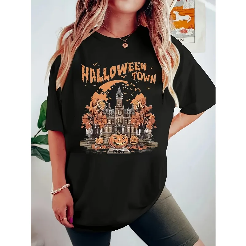 Women'S Plus Size Halloween Town Graphic T-Shirt - Spooky Haunted House & Pumpkins Design - Black Crew Neck Casual Top