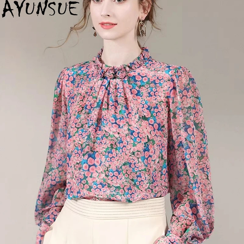 

AYUNSUE 100% Mulberry Real Silk Blouse Elegant Blouses for Women Spring Summer Clothes Long Sleeve Womens Tops 2026 Blusa Mujer
