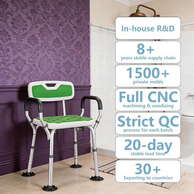 Simplywalk Aluminum Alloy 200KG Bath Shower Chair Arm Rest Bathroom Supplies UKCA Strategic Partner For Rehabilitation Equipment