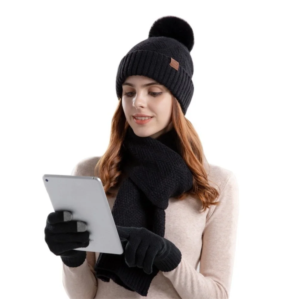 3Pcs/Set Warm Winter Hat Scarf Gloves Set Lining Windproof Knit Beanie Snood Set Elastic Thicken Touchscreen Gloves