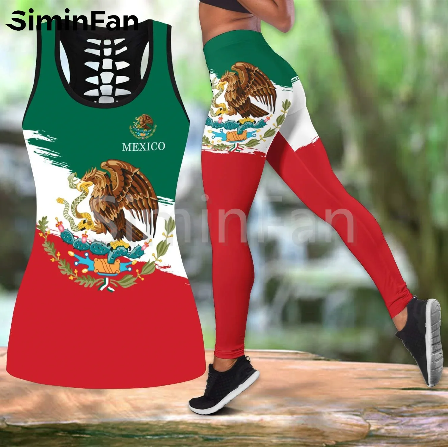 Mexico Skull Flag Combo Outfit Two Piece Yoga Sets Women 3D Printing Hollow Out Tank Top Legging Summer Vest Casual Pant Suits 3