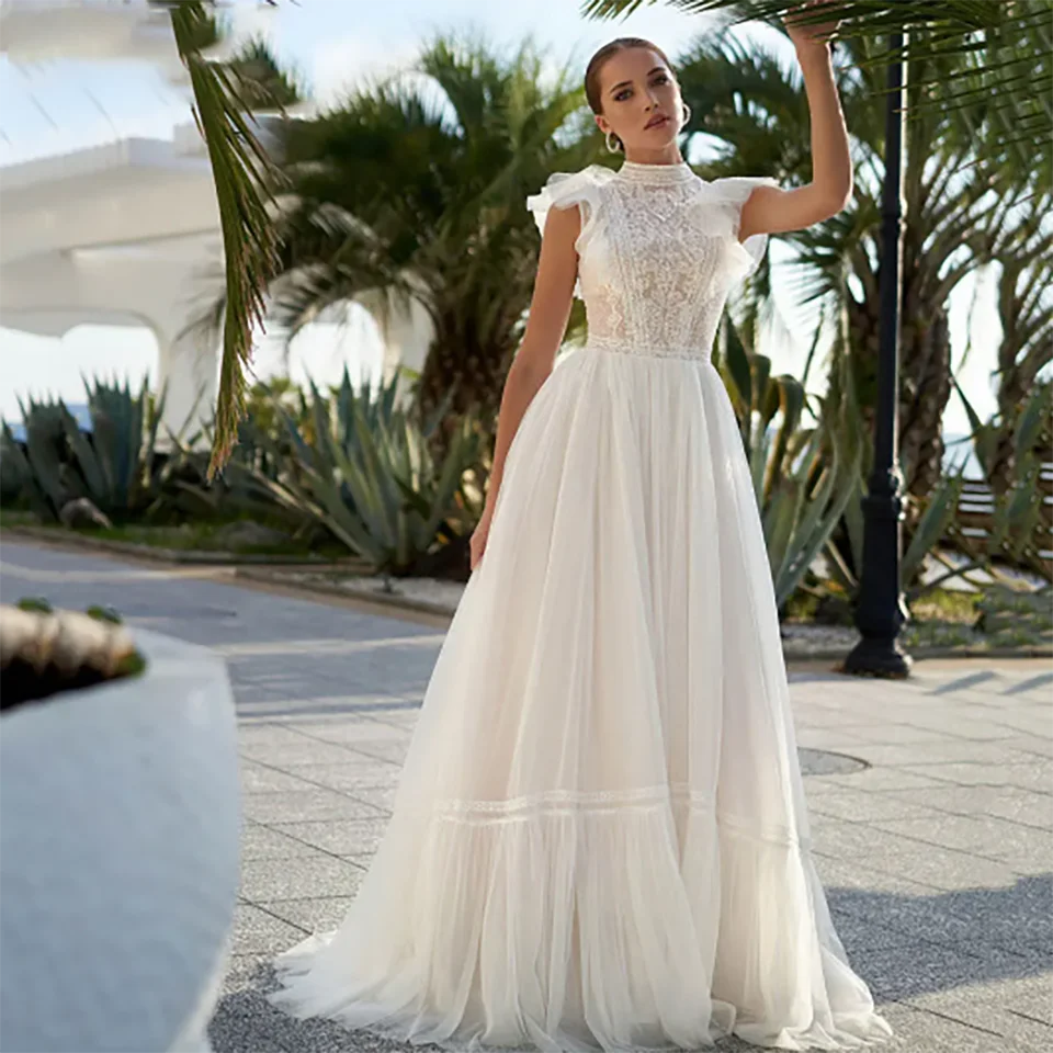 Personalizado boho rendas apliques de alta pescoço chiffon uma linha vestidos de casamento 2025 ilusão trem varredura tule vestidos de noiva para mulher