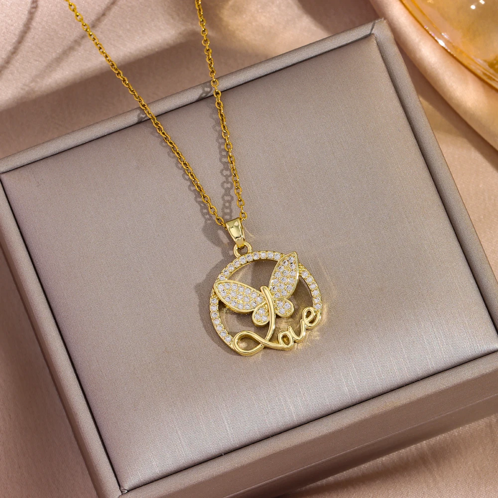 Neu In 18K Gold Überzogene Liebe Schmetterling Halsketten Für Frauen Trendy Weibliche Edelstahl Hals Kette Schmuck Mädchen Party geschenk