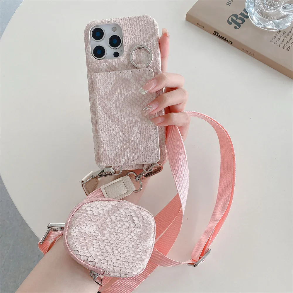 

Crossbody Ring Holder Wallet Card Slot Phone Case for IPhone 17 Air 16E 16 15 13 12 14 11 Pro XS Max 8 Plus Snake Leather Cover