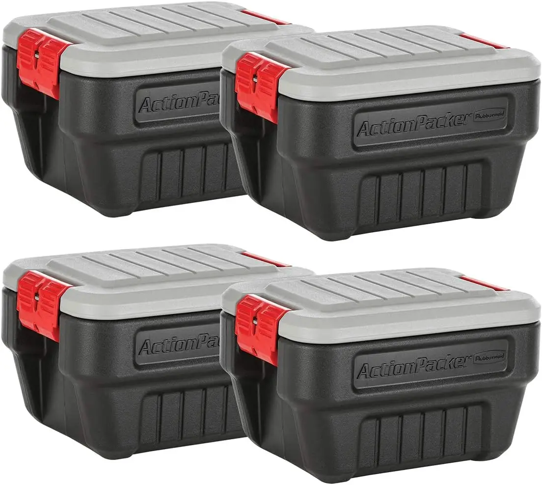 Rubbermaid® ActionPacker®️ 8 Gal Lockable Storage Box Pack of 4, Outdoor, Industrial, Rugged, Grey and Black